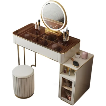 Тоалетка с огледало в Скандинавски стил с огледало, Тоалетка с подсветка Огледален Масичка за грим с чекмеджета Тоалетка за грим в спалнята