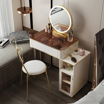 Тоалетка с огледало в Скандинавски стил с огледало, Тоалетка с подсветка Огледален Масичка за грим с чекмеджета Тоалетка за грим в спалнята