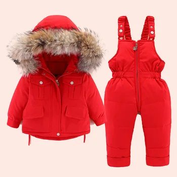 Детски Пуховый комплект, Зимен зимен гащеризон за малки момичета, палто с яка от естествена кожа, Детски парк, костюми за момчета, Топло яке за деца XMP250
