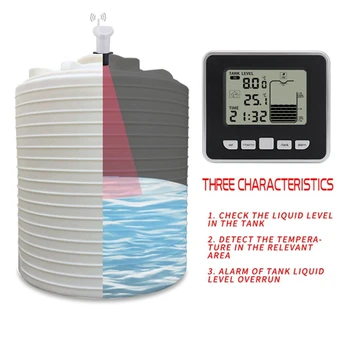 Безжична Ултразвукова измерител на нивото на течността в резервоар за вода, на дисплея на времето за изпускане на водата, индикатор за ниско ниво на зареждане на батерията + сензор за температурата