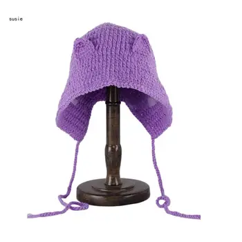 X7YA, Вязаная шапчица-бини за момичета, Великден и подпори за фотосесия, шапка с уши коте, Рибарска шапка