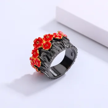 Изискано бижу пръстен от черното злато и за жени, Елегантен пръстен с червено цвете, Модно бижу пръстен с емайл ръчно изработени, Годежен пръстен
