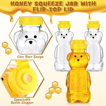 Пластмасова бутилка с мед във формата на мече на 8 грама, на Банката за изстискване на мед с панти капак, Чаша за пиене от бутилка с мечи сок