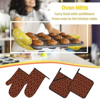 Оранжеви брилянтен Пръстен-кухненски ръкавици и прихваткодержатели Hexagon Overlook Hotel, състоящ се от 4 нескользящих термоустойчиви ръкавици за печене и готвене