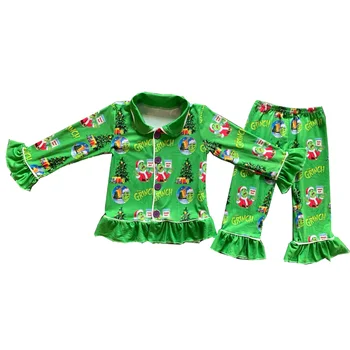 Колекция коледни пижам, дрехи за момичета, панталони с ревери и дълъг ръкав, комплект от зелен плат с шарени елхи, млечен коприна