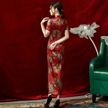 Елегантно Лятно двухслойное Дълга Червена Рокля Чонсам за Подиум в стил Ретро със Снимка Ципао в Китайски Стил, Вечерна Рокля за Жените