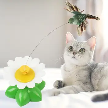 Електрическа играчка за котки, въртяща се на 360 градуса, забавна птици, цветя, зелени листа, Интерактивна образователна играчка за котки, царапающая летяща птица