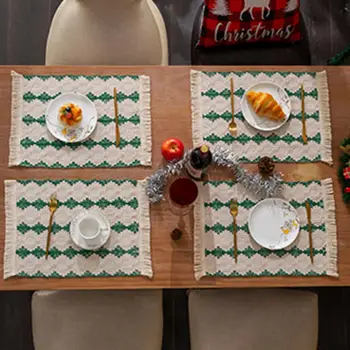 Подложка за маса за хранене, кърпа в стил бохо, Памучни коледни салфетки ръчно изработени с геометричен модел и пискюли, Топлина