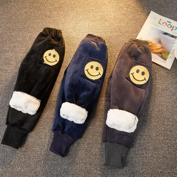 Детски плюшени дебели панталони от памук с двоен флисом за момчета и момичета 2023, топли памучни панталони с анимационни усмивка 2023, от 2 до 10 години