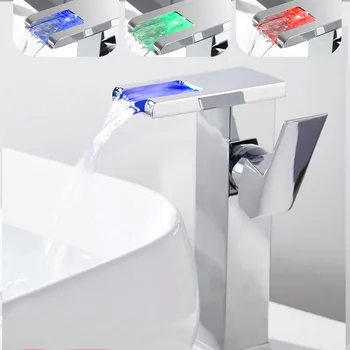 Кран за водопад в саксия, смесител за мивка в банята, топла и студена интелигентна led лампа с умерено осветление